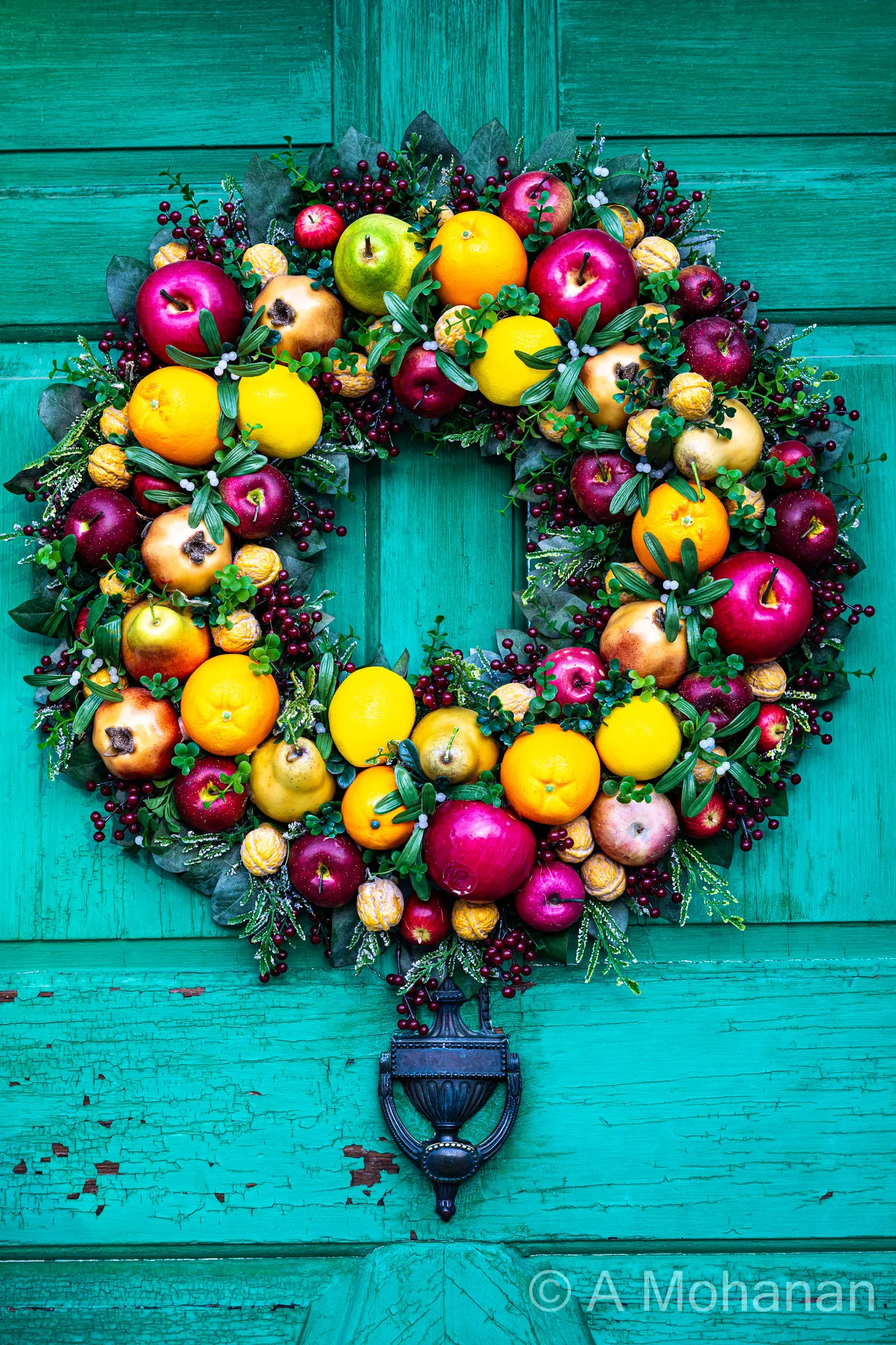 An elaborate Colonial Williamsburg-style fruit wreath of oranges, apples, lemons and berries on a teal painted period door with iron knocker.